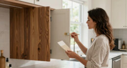 Before And After: She Replaced Her Dark, Awkward 90S Kitchen Cabinets With Soft Oak And Pink Tiles