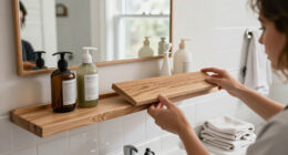 Hide Open Bathroom Shelves With One Piece Of Secondhand Wood